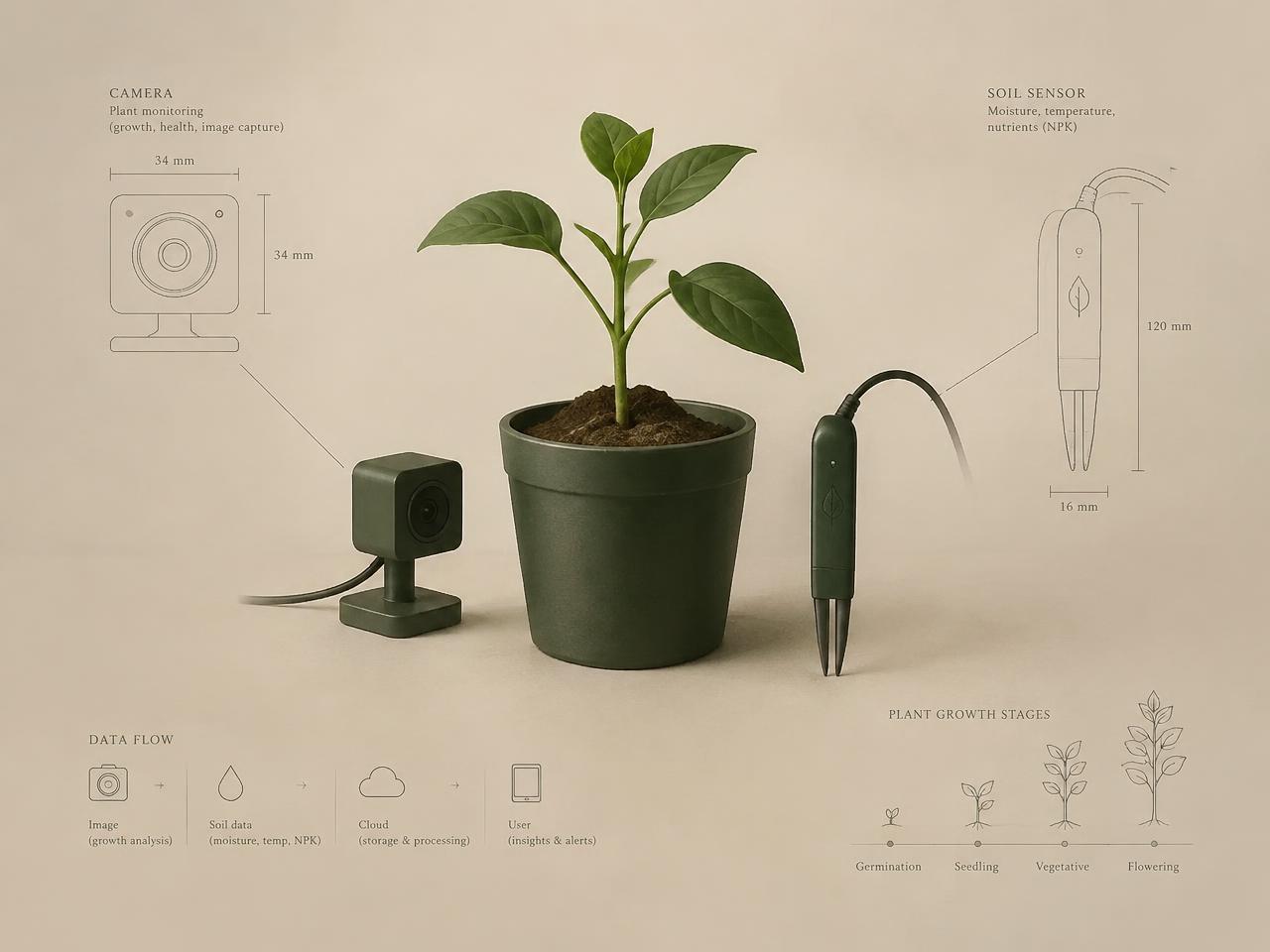 Illustration of a seedling with a fixed camera and a soil sensor